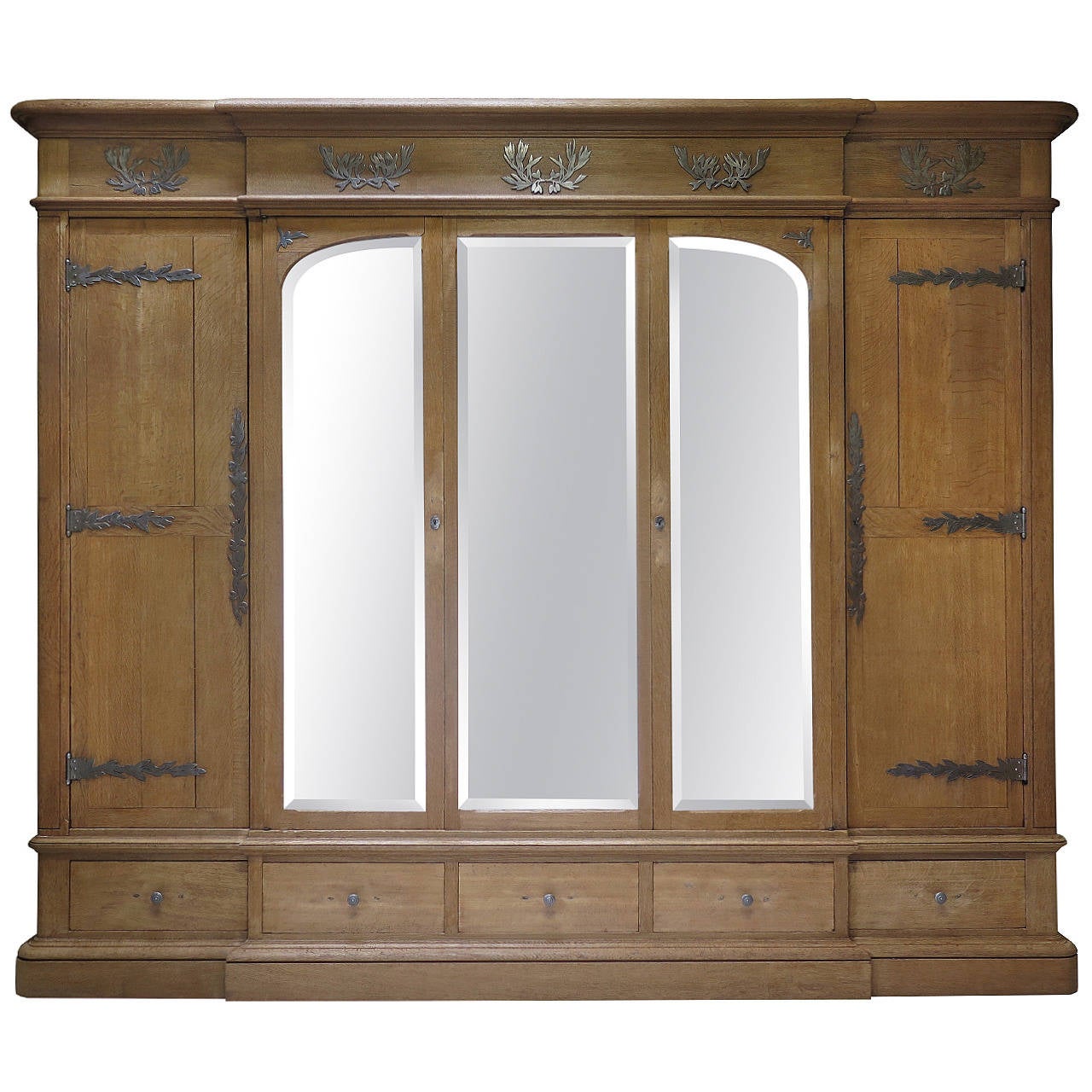 Solid Oak Wardrobe with Olive Leaf Motif Hardware, France, Early 1900s