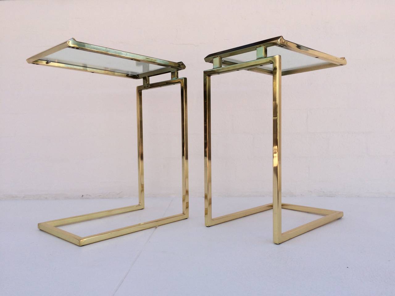 Pair of Polished Brass and Glass Side Tables Designed by Milo Baughman