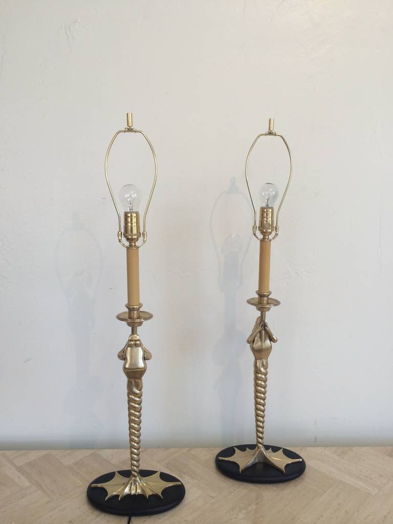 Rare Pair of Polished Brass Frog Table Lamps by Chapman at 1stDibs