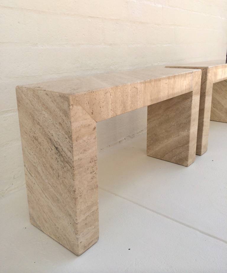 Pair of Solid Polished Travertine Side Tables or Benches at 1stDibs