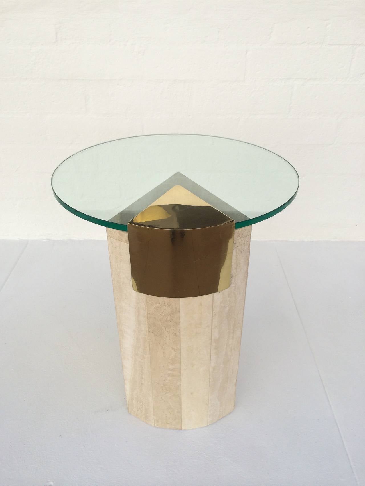 Travertine and Brass with Glass Side Table by Pace Collection. at 1stDibs