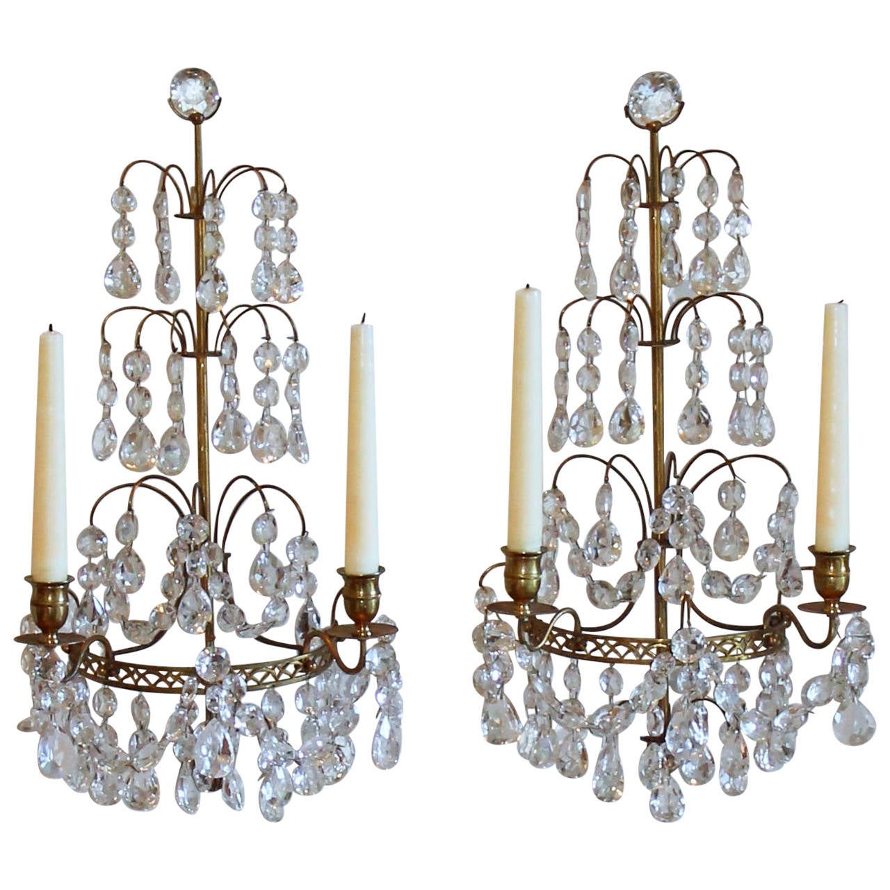 Pair of Swedish Gustavian Style, Crystal and Bronze Candle Wall Sconces