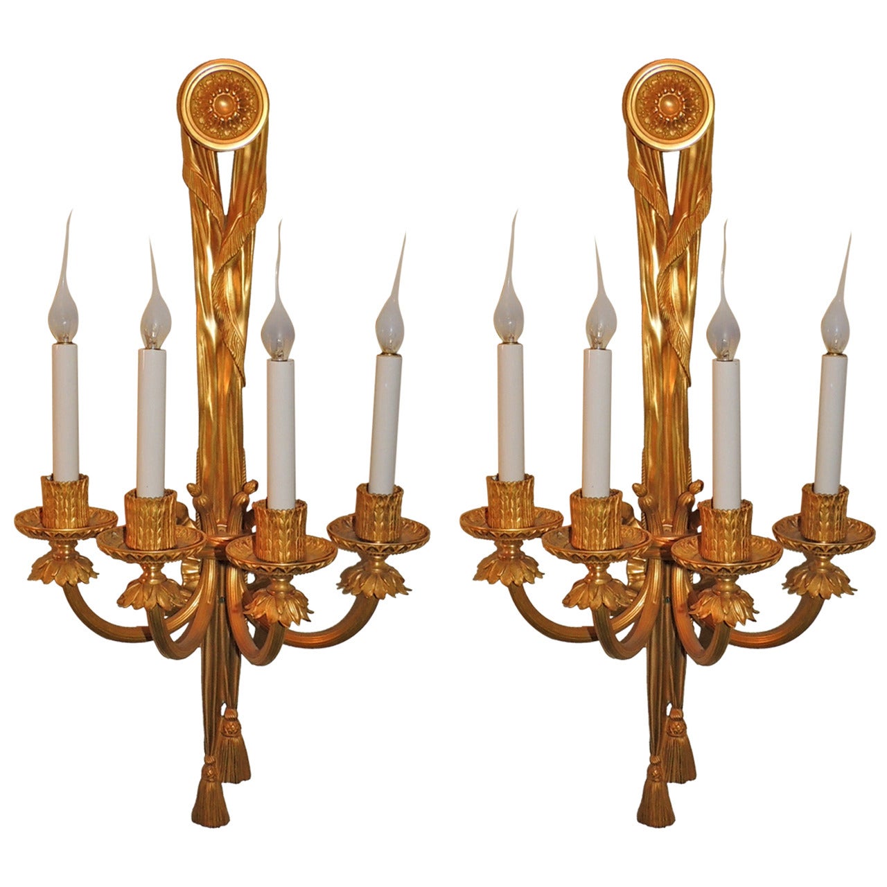 Outstanding Pair of Doré Bronze Caldwell FourArm Ribbon, Bow and