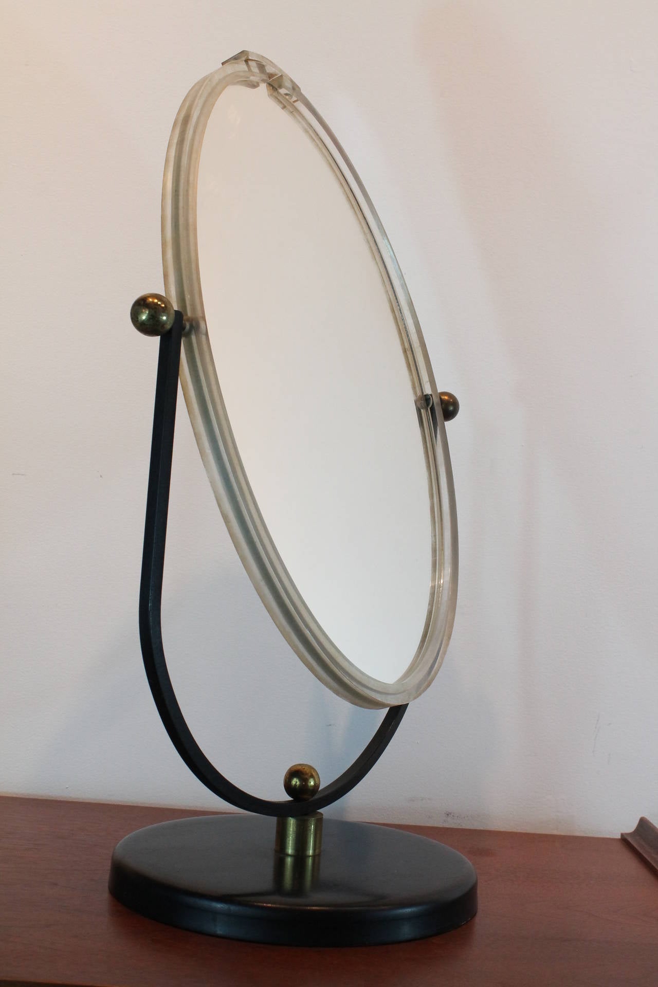 MidCentury Modern Lucite and Brass Double Sided Vanity Mirror For Sale