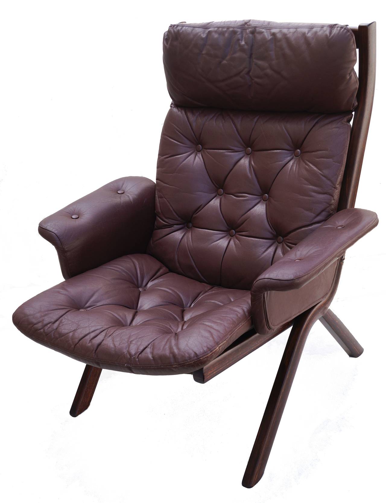 Danish Modern Leather Sculptural Sling Lounge Chair and Ottoman at