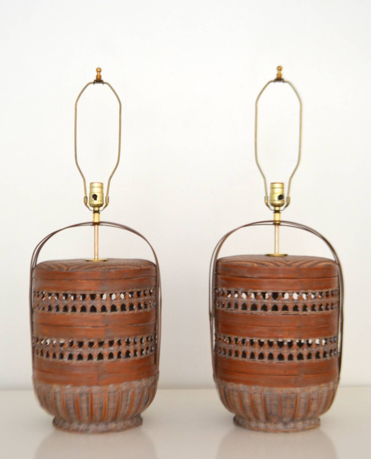 Pair of Woven Reed Basket Lamps at 1stDibs