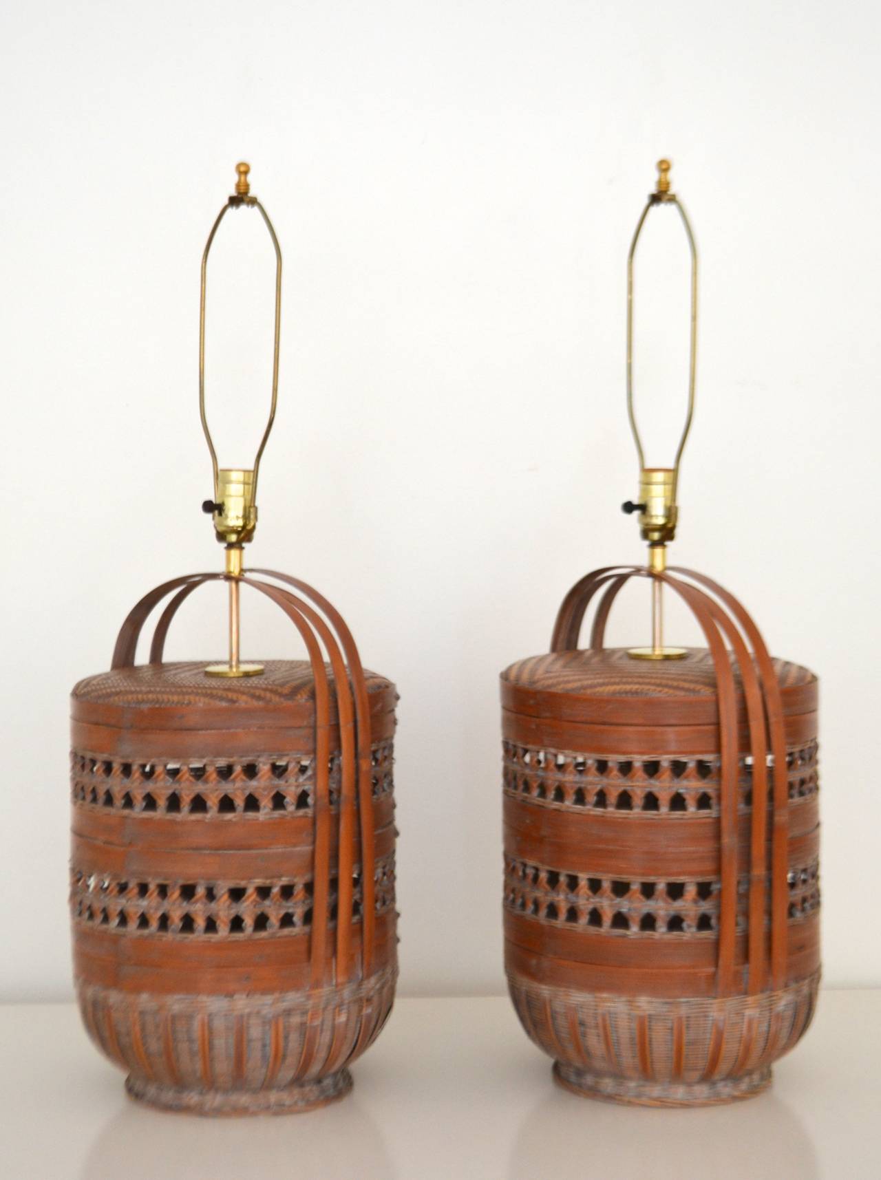 Pair of Woven Reed Basket Lamps at 1stDibs