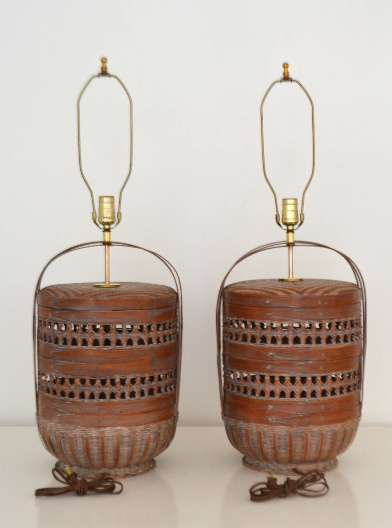 Pair of Woven Reed Basket Lamps at 1stDibs