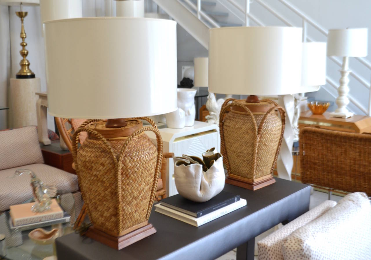 Pair of Woven Rattan Basket Table Lamps at 1stDibs wicker basket