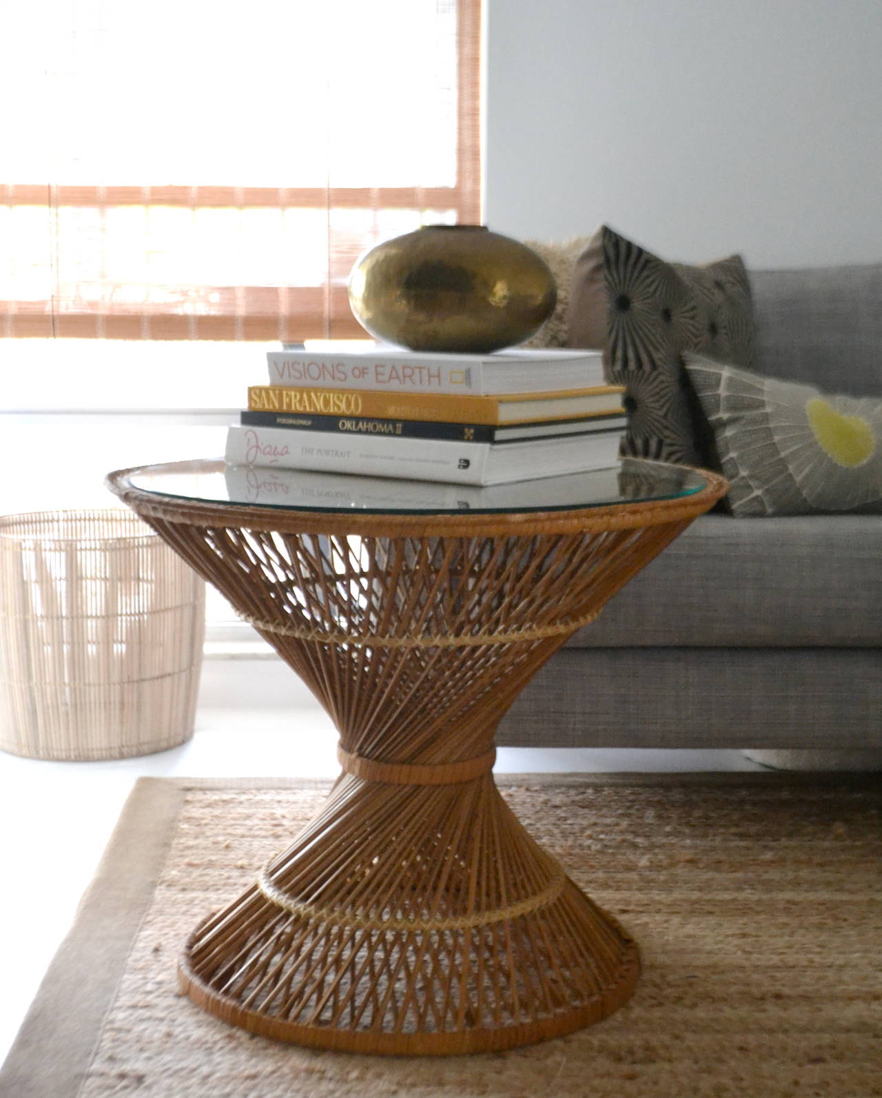 Pair of Woven Rattan Hour Glass Form Side Tables at 1stDibs