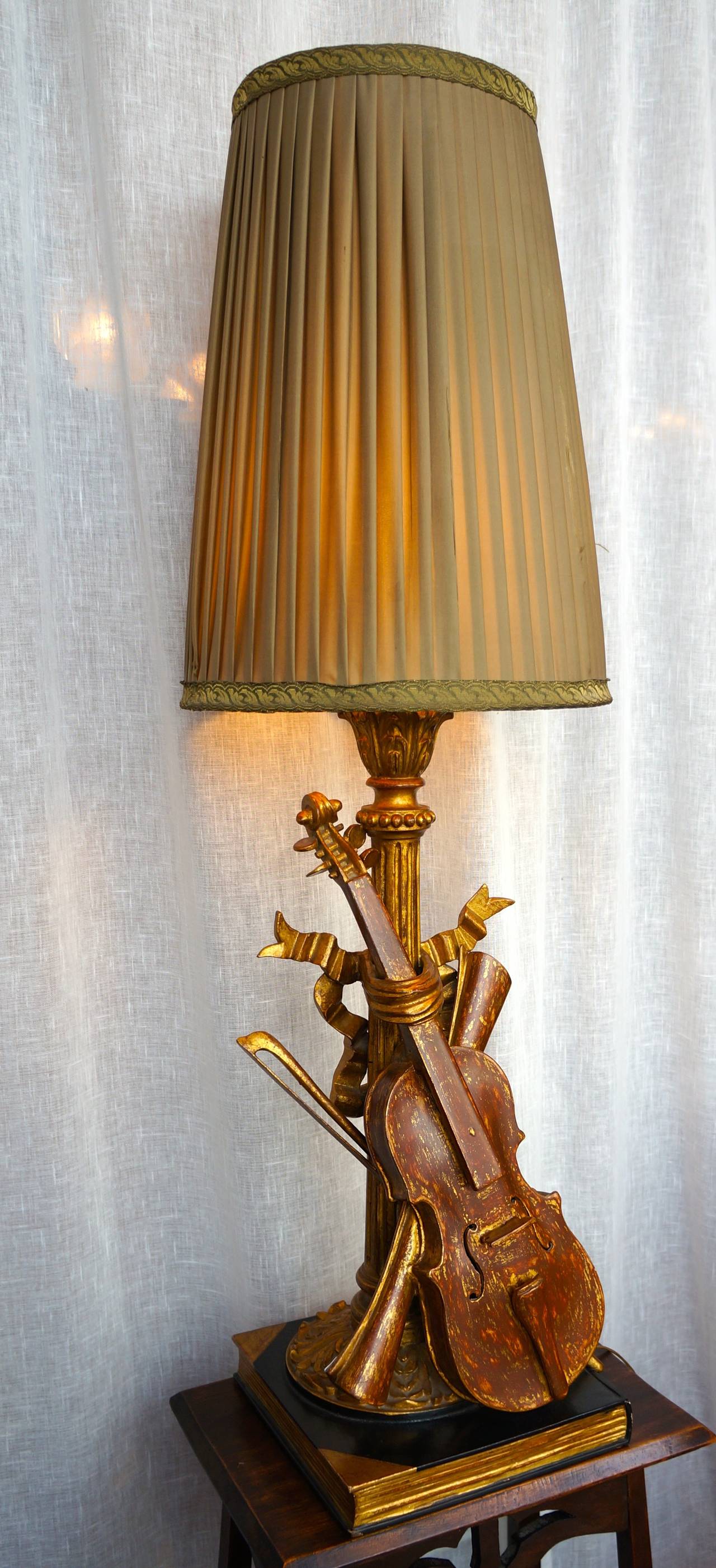 Wood Carved Table Lamp with Violin For Sale at 1stDibs