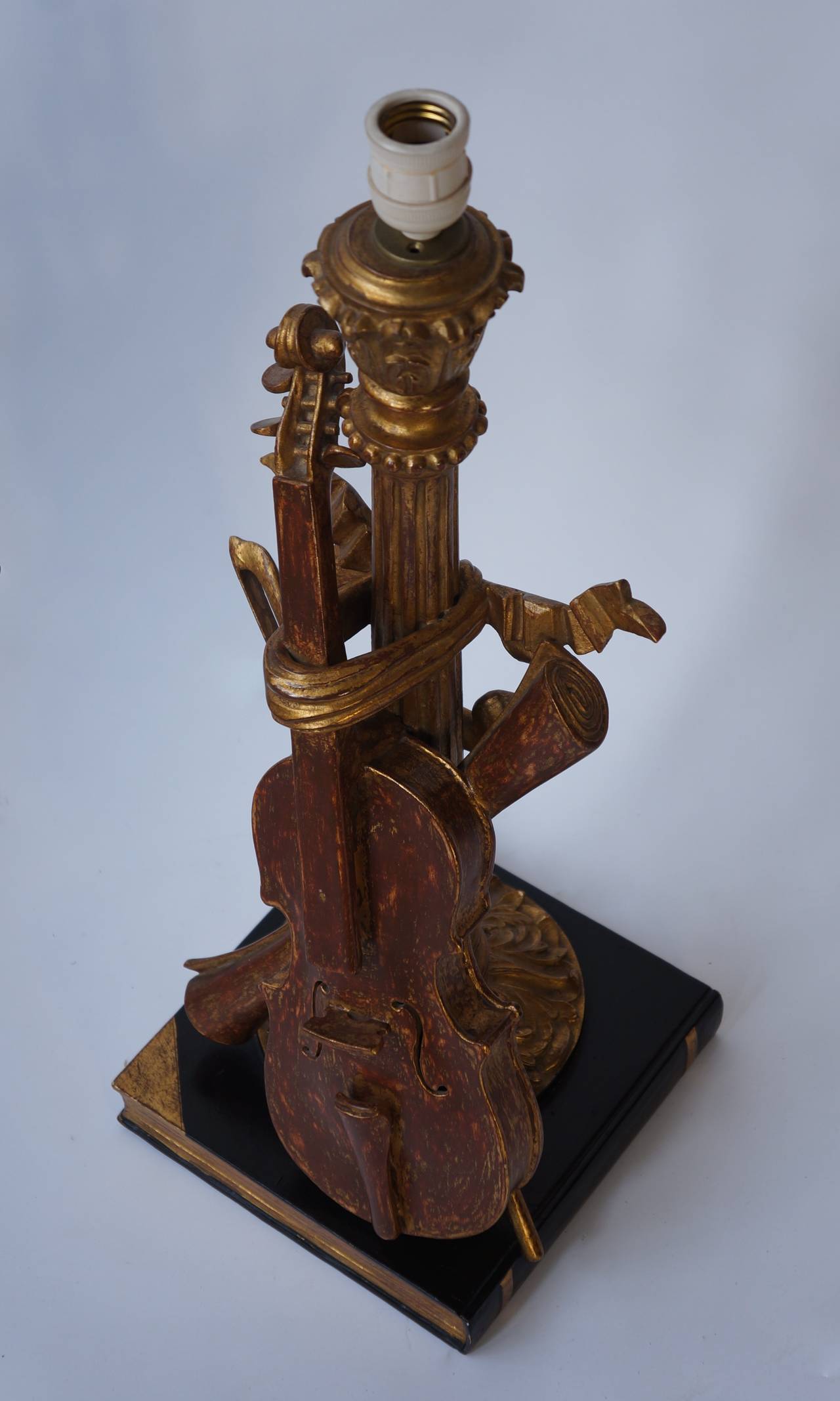 Wood Carved Table Lamp with Violin For Sale at 1stDibs