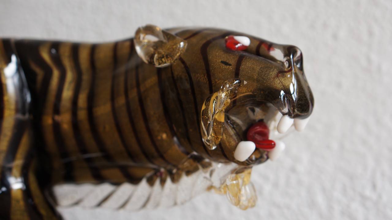 Rare Large Italian Murano Art Glass Tiger Sculpture For Sale at 1stDibs