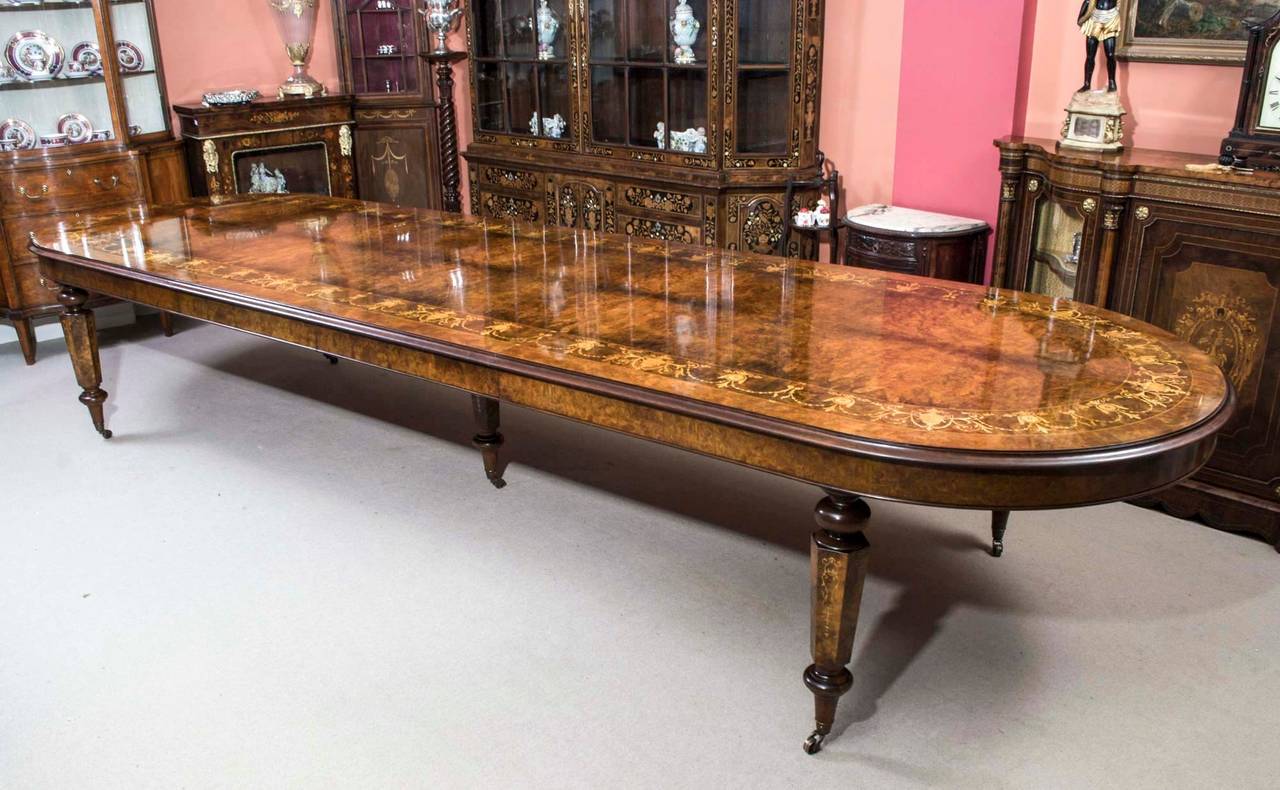 Vintage Burr Walnut Inlaid Dining Table with 14 Chairs at 1stDibs