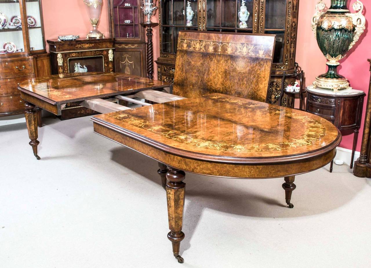 Vintage Burr Walnut Inlaid Dining Table with 14 Chairs at 1stDibs