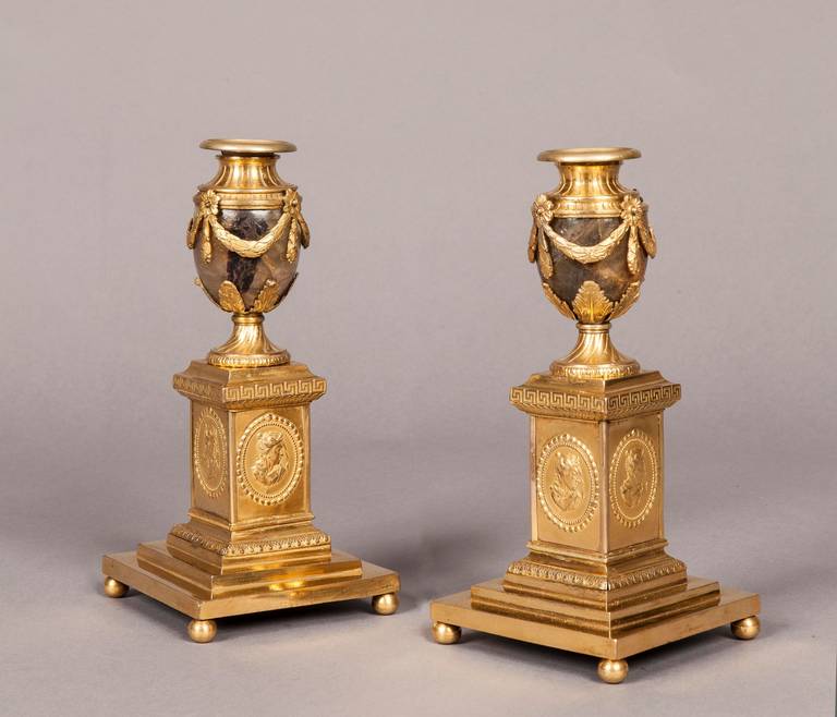 18th Century English Pair of BlueJohn Stone and Ormolu Candle Stick