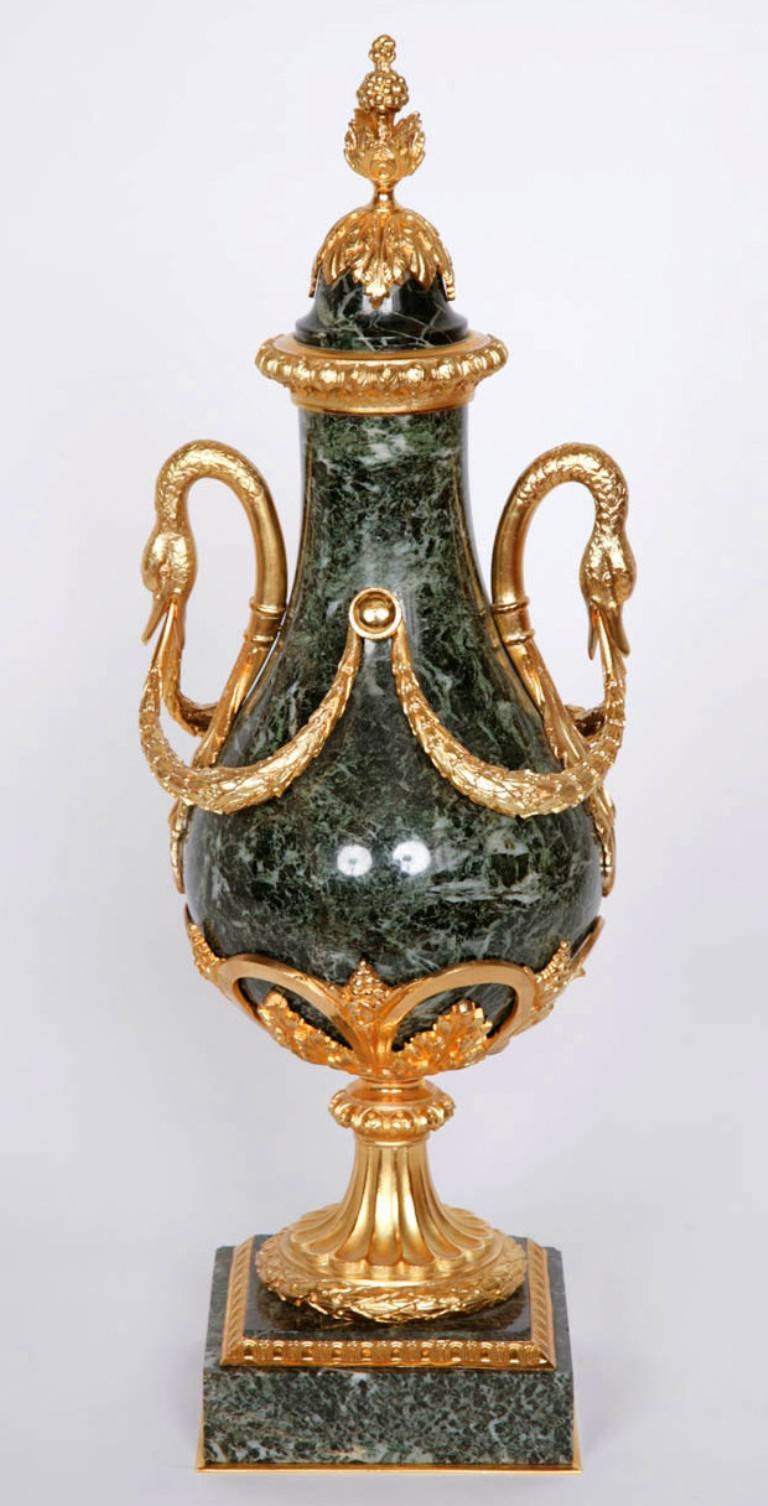 Pair of OrmoluMounted Green Marble Vases For Sale at 1stdibs