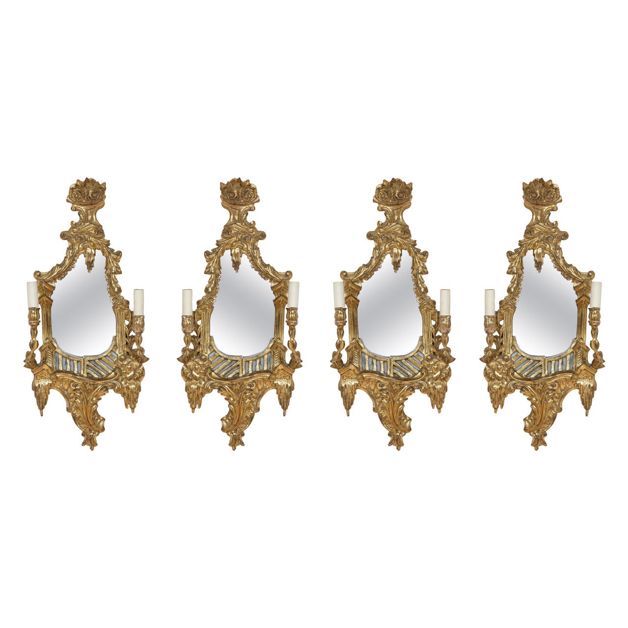 Set of Four Two Branch Wall Lights in the Rococo Style For Sale at