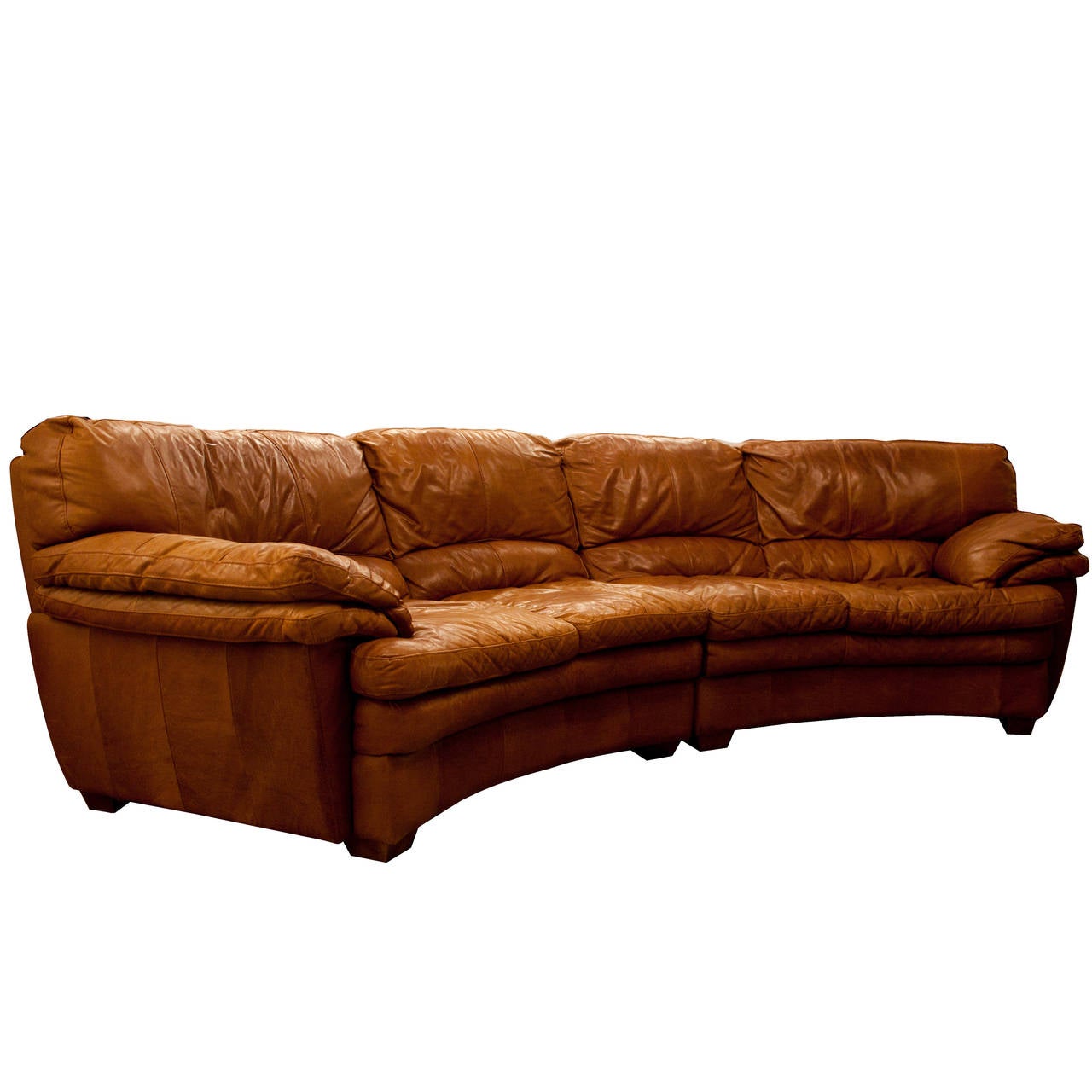 MidCentury Large Curved Tan Leather Sofa at 1stdibs