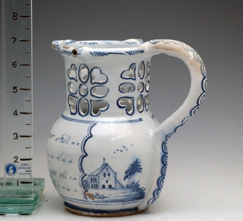 Antique Period English Delftware Pottery Puzzle Jug, circa 1760 at