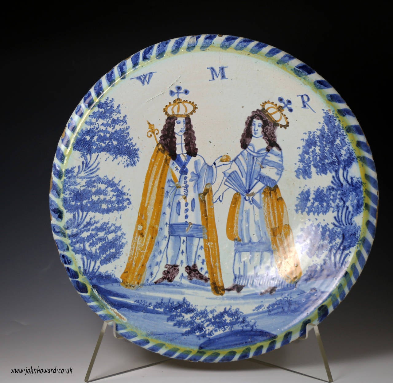 Englsih Delftware Pottery Blue Dash Charger of King William and Queen