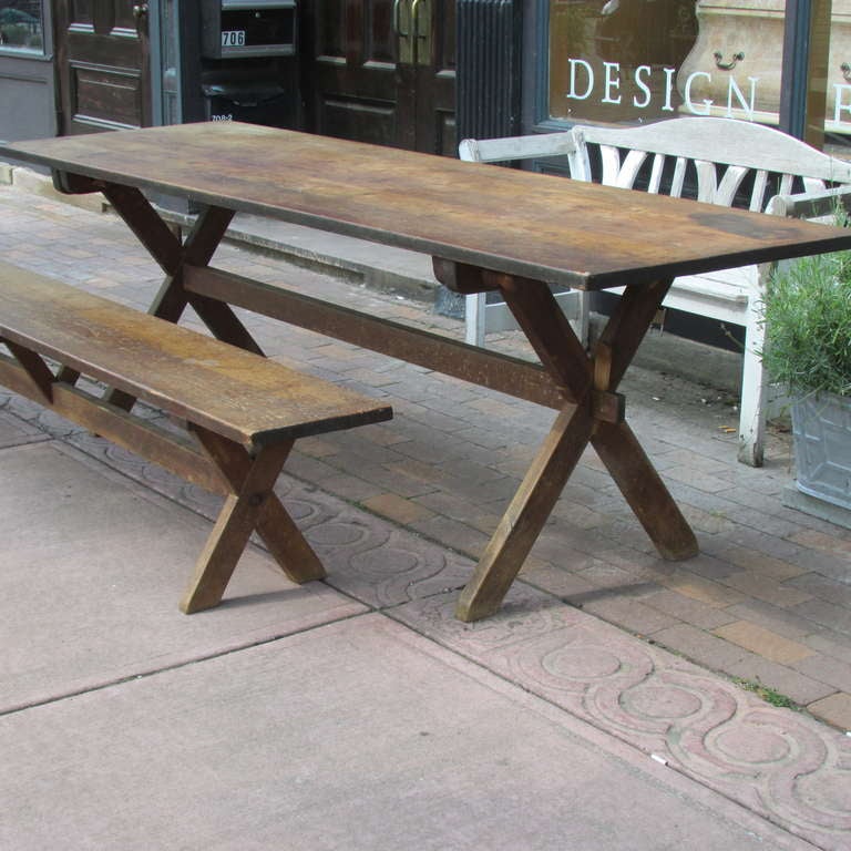 Antique American Pine Sawbuck Table and Benches at 1stDibs