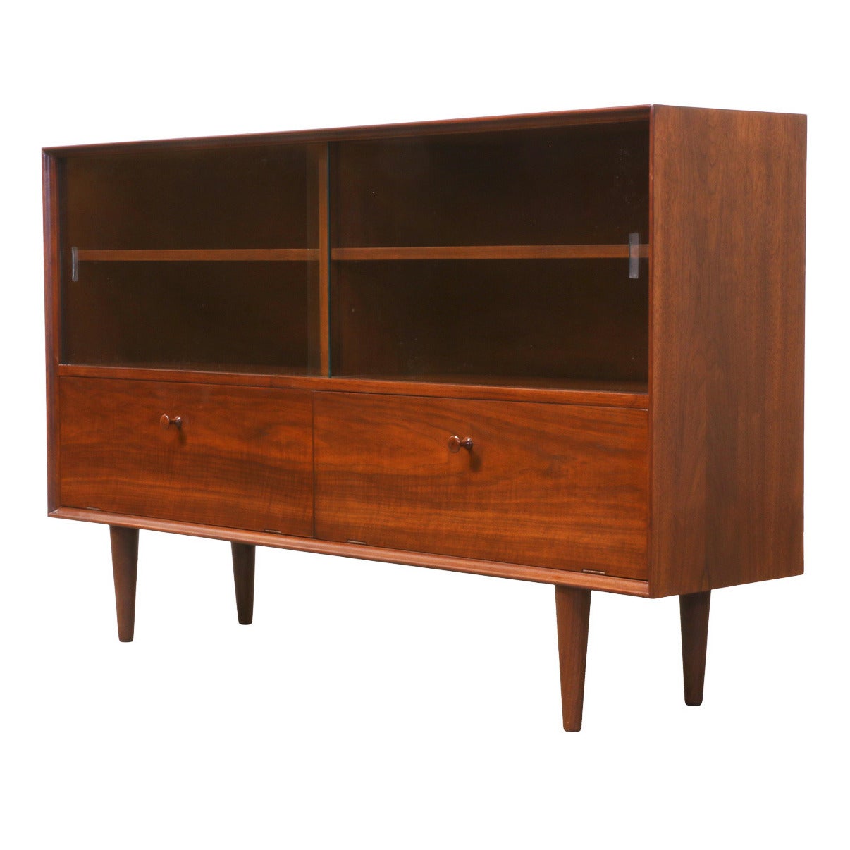 Midcentury Walnut Credenza with Glass Sliding Doors at 1stDibs