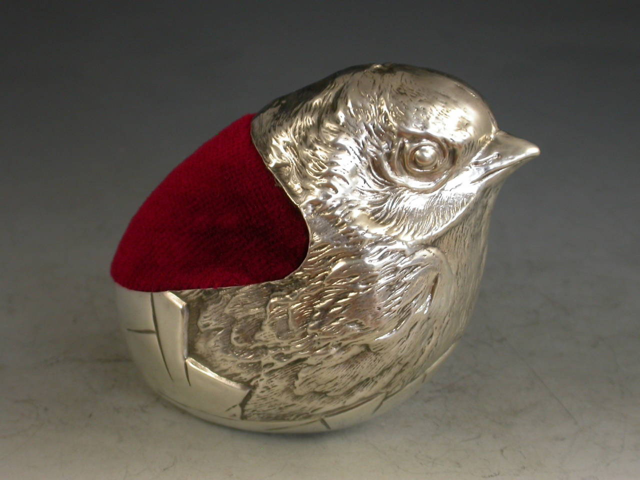 V Novelty Antique Silver Hatching Chick Pin Cushion in Large Size For Sale at 1stdibs