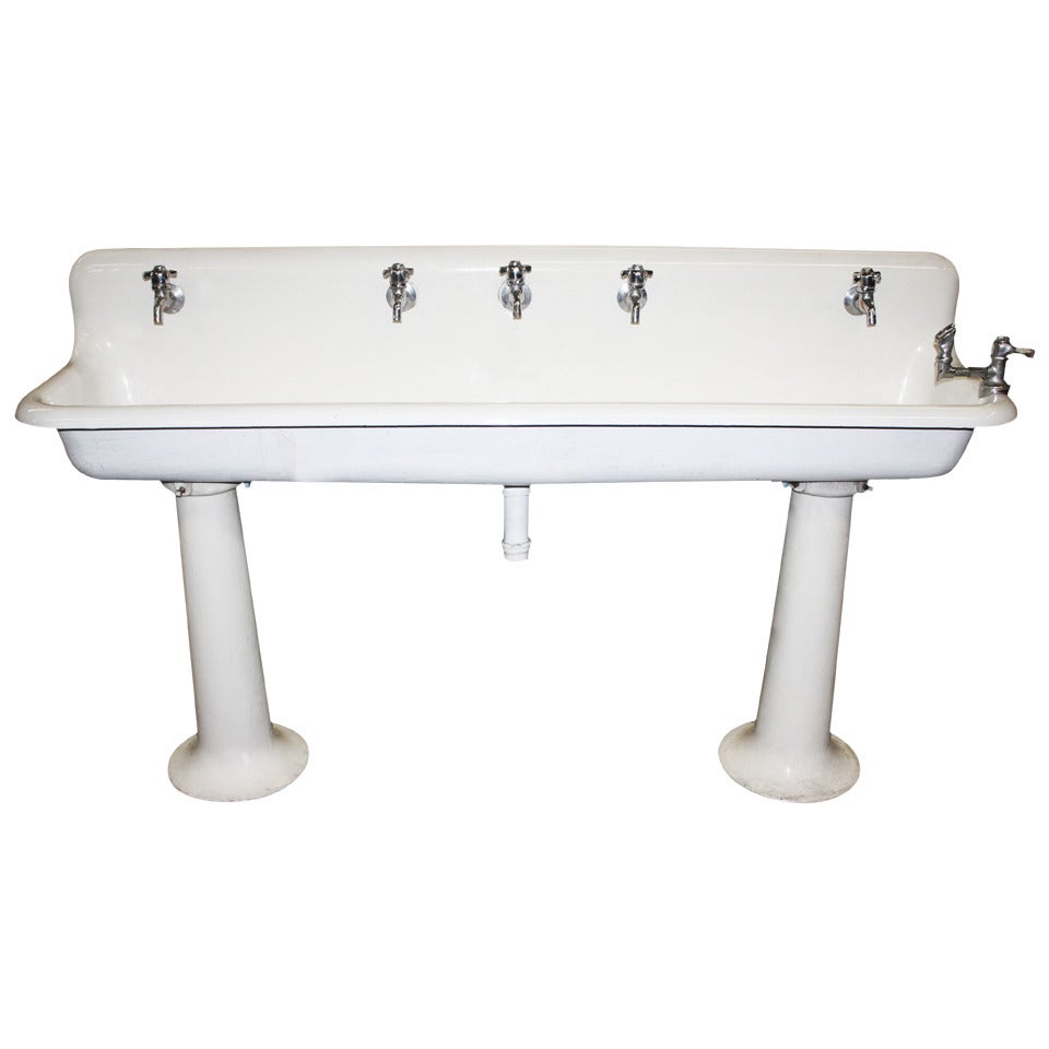 Industrial Porcelain Gang Sink on Pedestal Legs Without Hardware at