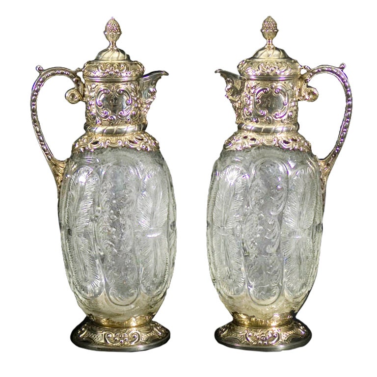 Pair of Antique Silver and Carved Glass Claret Jugs For Sale at 1stDibs