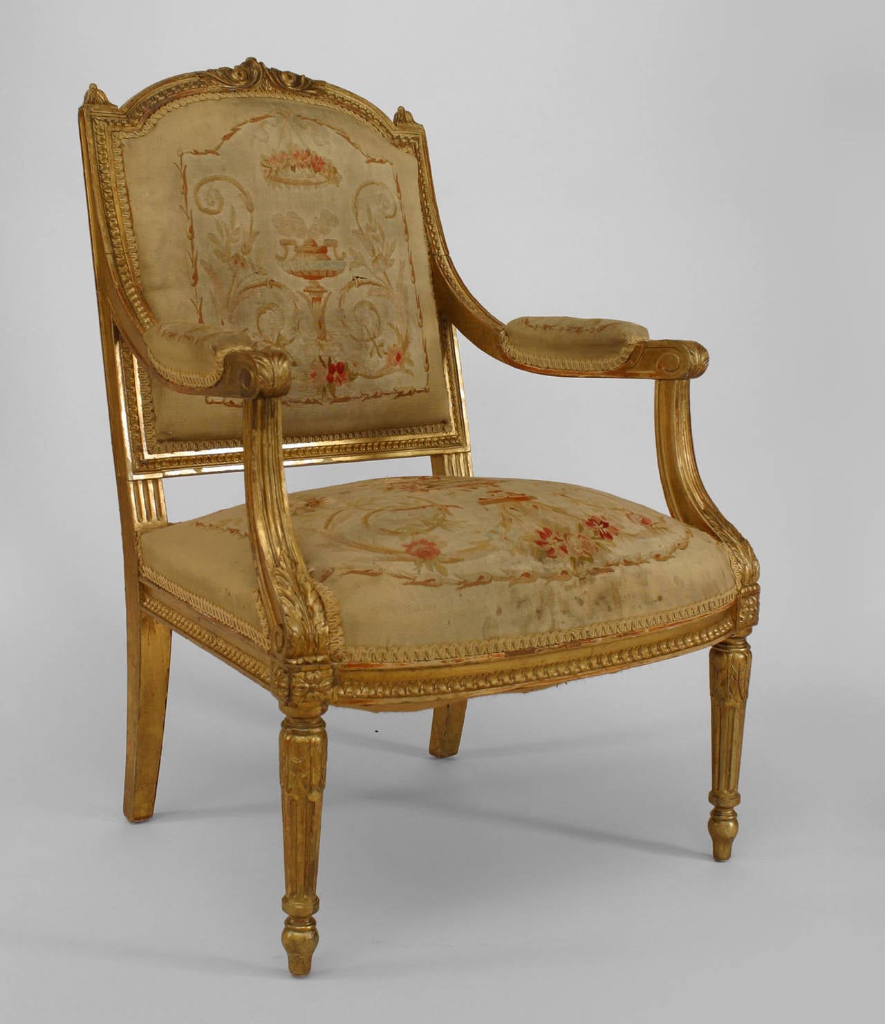 Pair of French Louis XVI Style AubussonUpholstered Giltwood Armchairs
