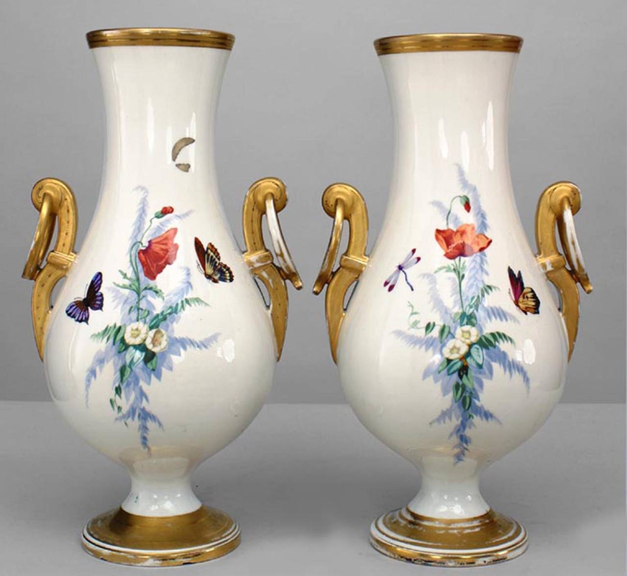 Pair of 19th c. French Decorated White and Gold Porcelain Vases For