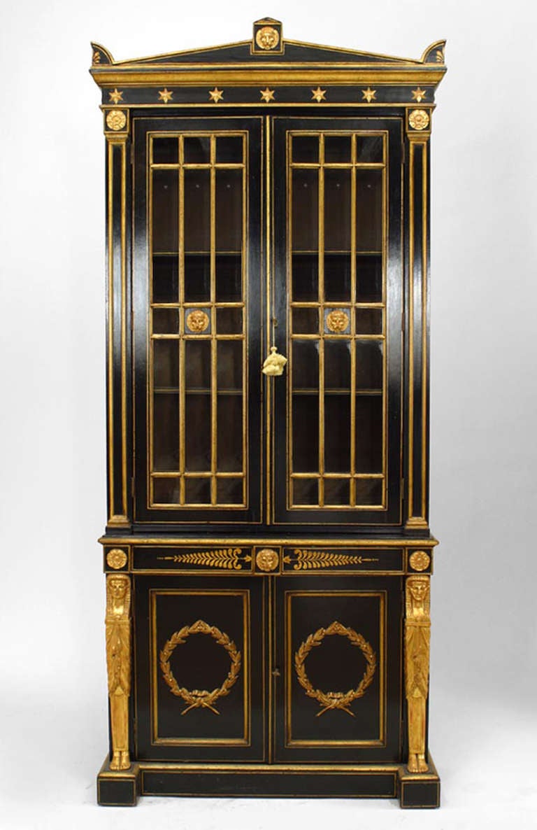 Pair of English Regency Black Lacquer and Gilt Bookcase For