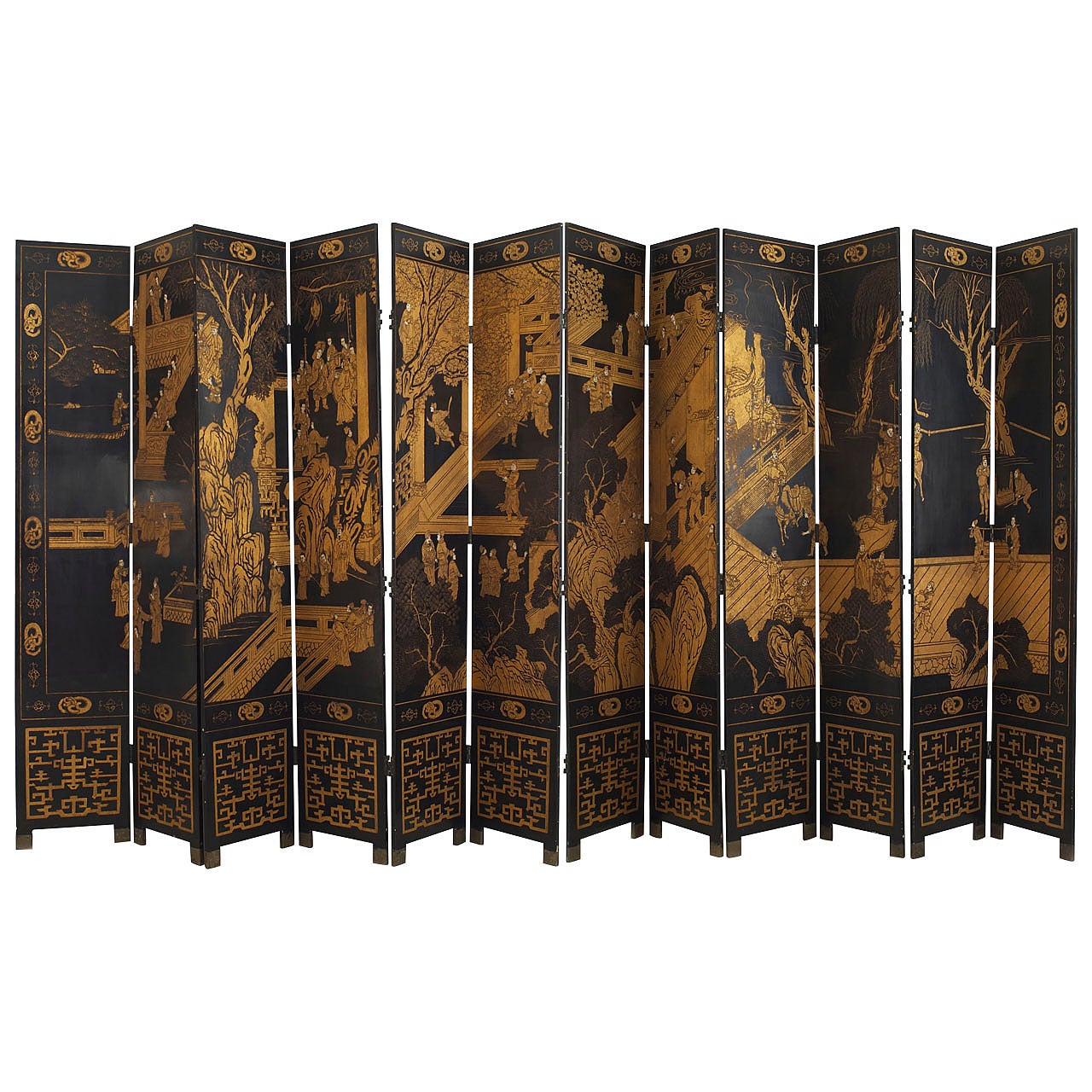 19th Century Korean 12 Panel Silk HandPainted Folding Screen at
