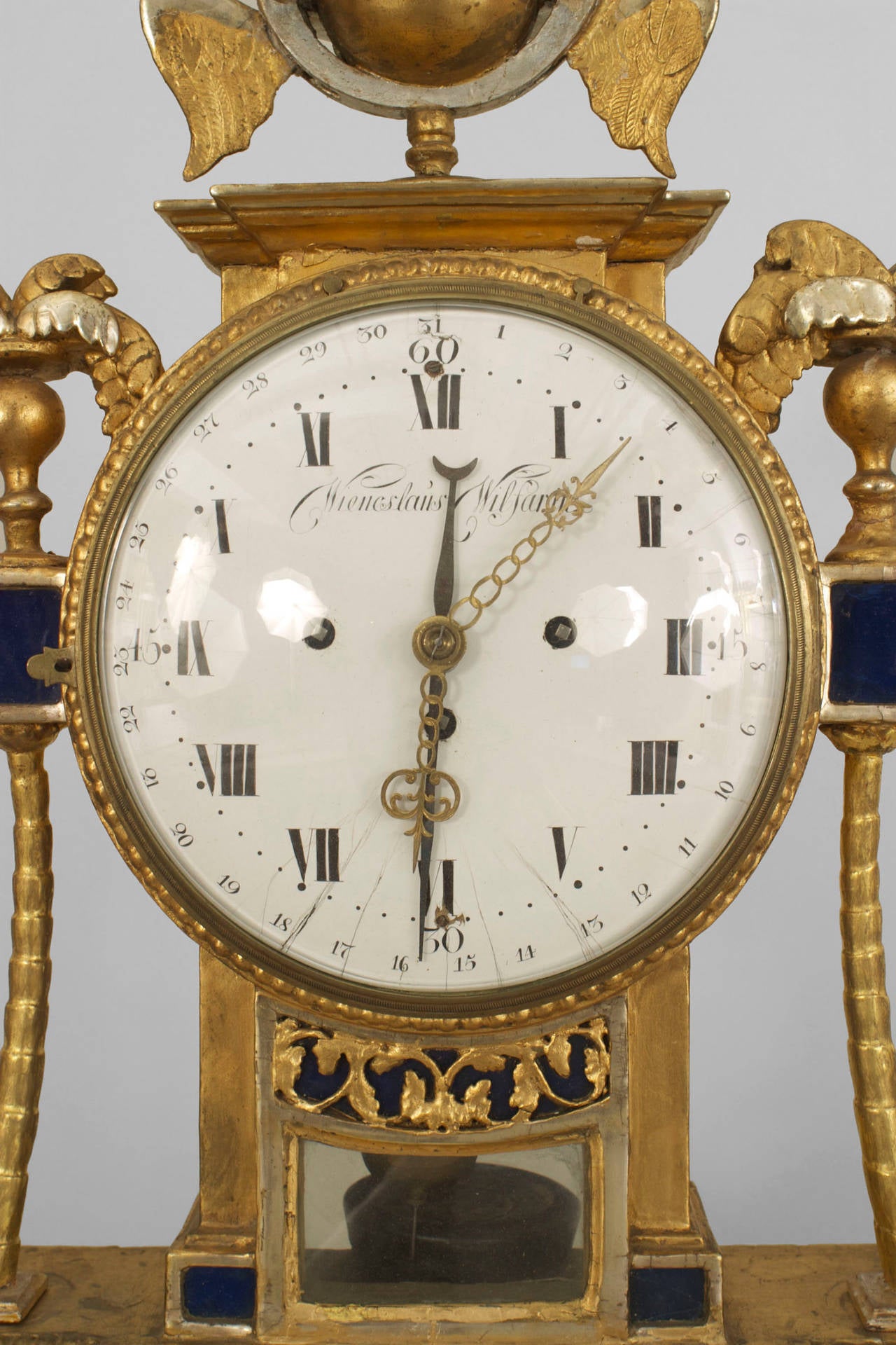 Signed 18th Century Austrian Giltwood and Blue Glass Mantel Clock For