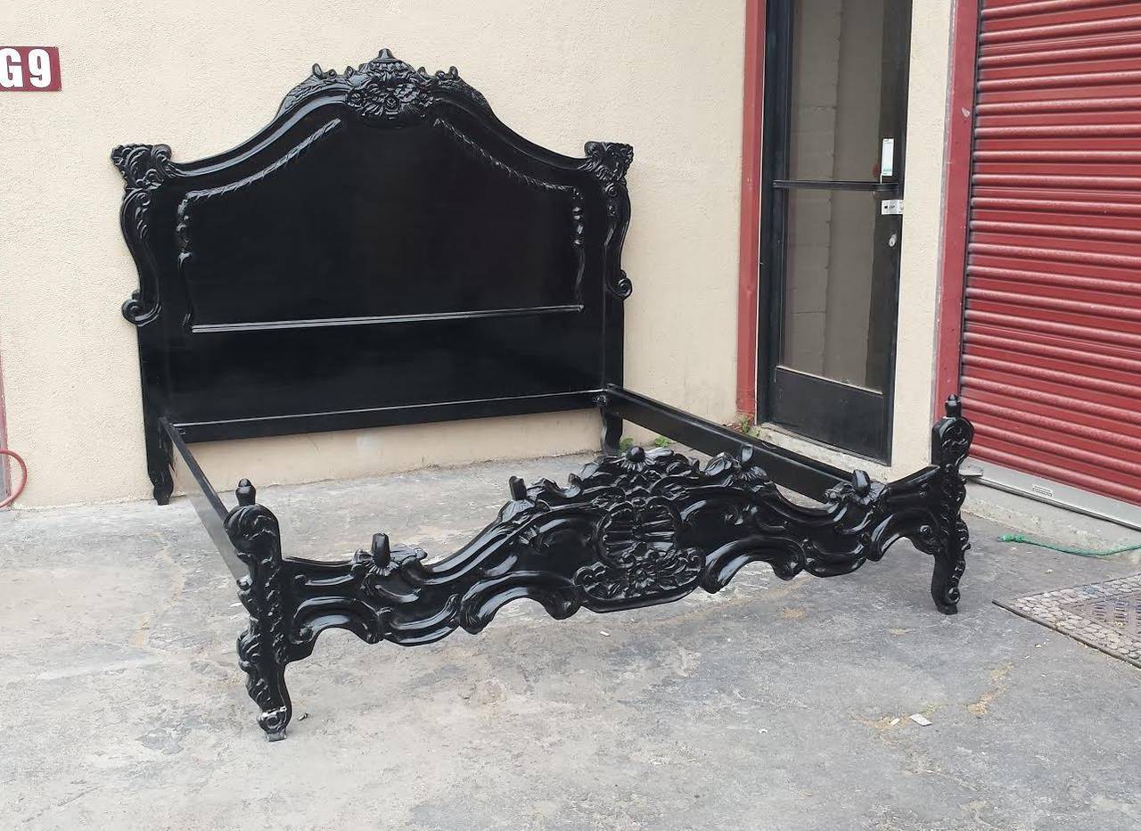 French King Bed, French Louis XV Style Carved Black Bed Frame, King