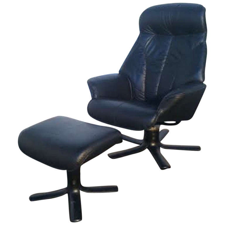 Black Leather Recliner and ottoman by Hjellegjerde Mobler at 1stdibs