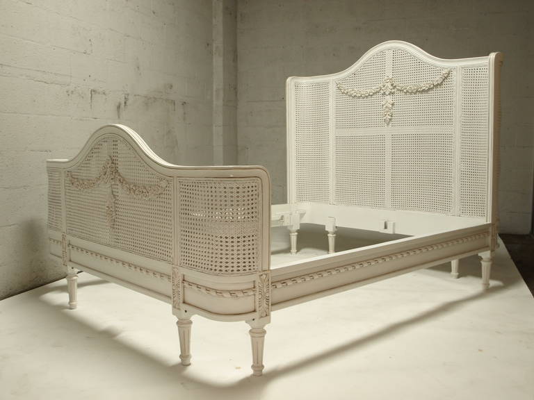 French Bed in Louis XV Style, White Cane, Queen Size For Sale at 1stdibs