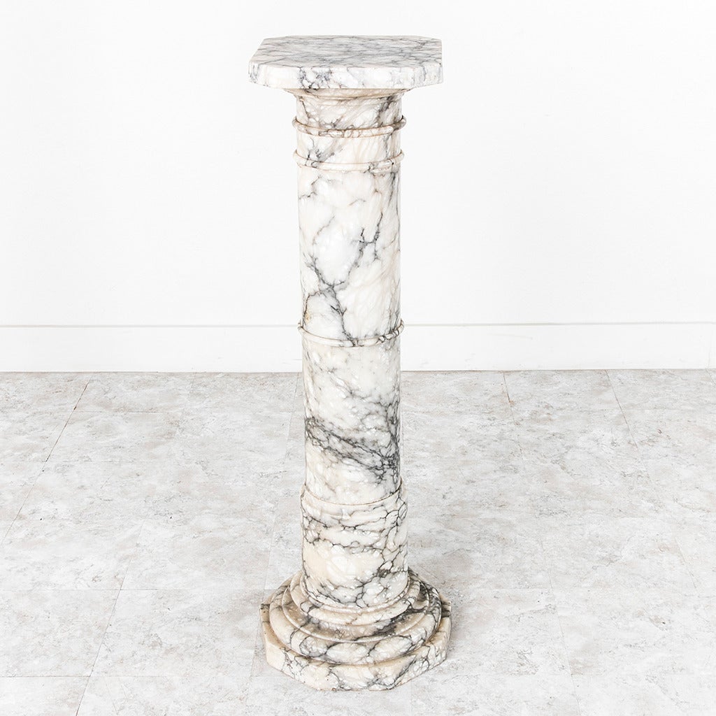 Exceptional Large Octagonal Base White and Gray Marble Column or