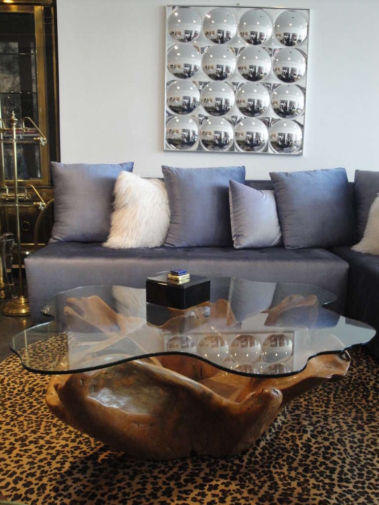 Stunning Vintage Teak Root Coffee Table with Custom Cut Glass Top at