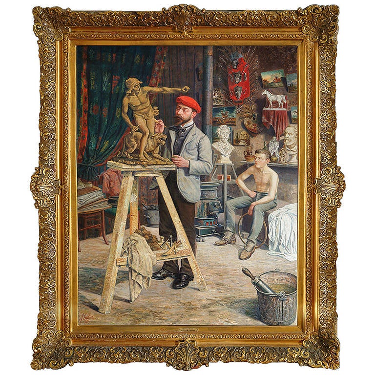 A Palatial Antique Belgian Oil on Canvas Painting Depicting a Sculpting lesson For Sale at 1stdibs