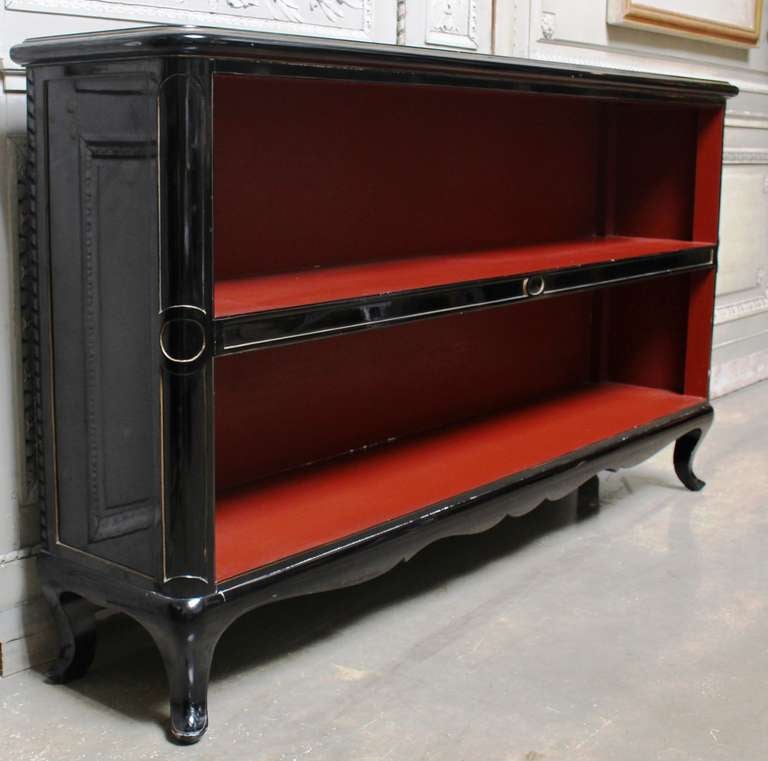 Pair of French Black Lacquered Console Bookcases with Red Interior at