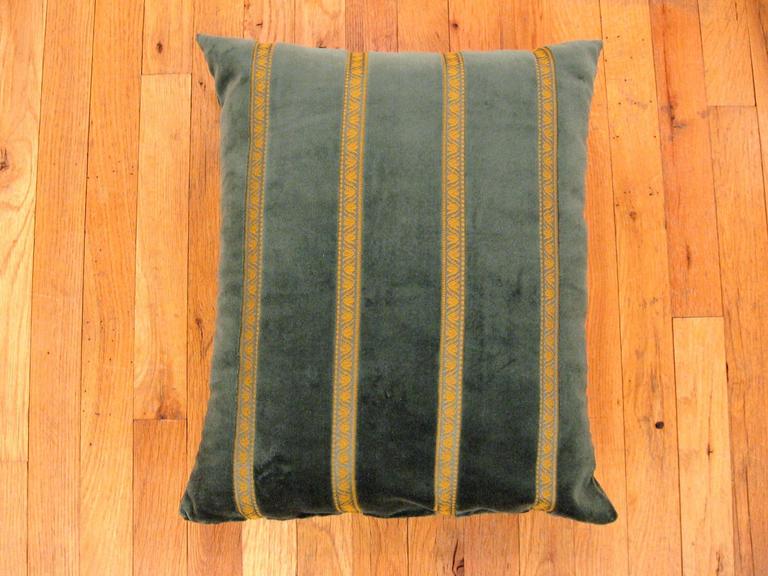 Set of Three Vintage Art Deco Green Velvet Pillows with Gold Stripes at
