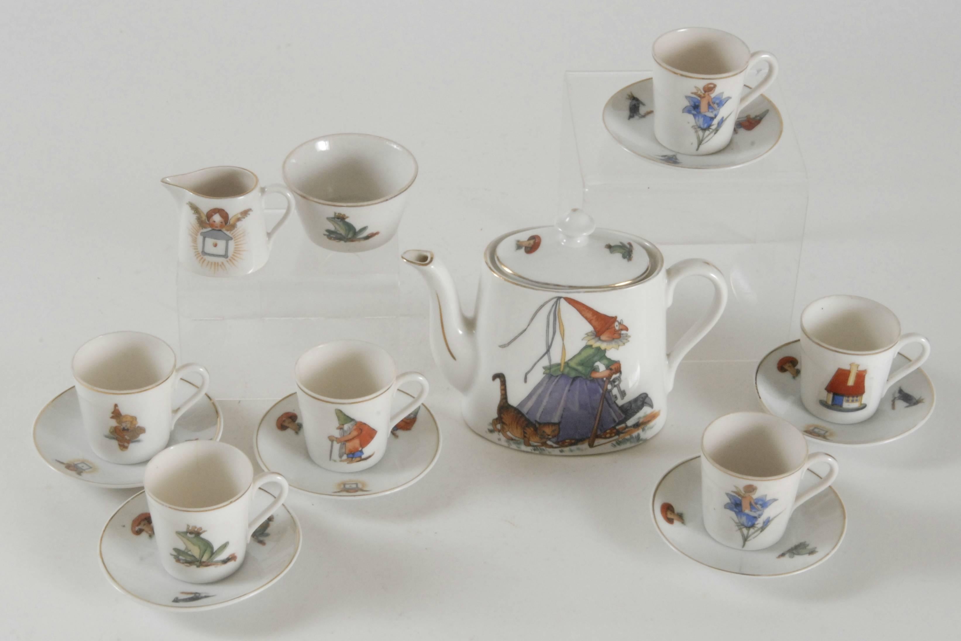 Midcentury Child's Porcelain Tea Set with FairyTale Style Decoration