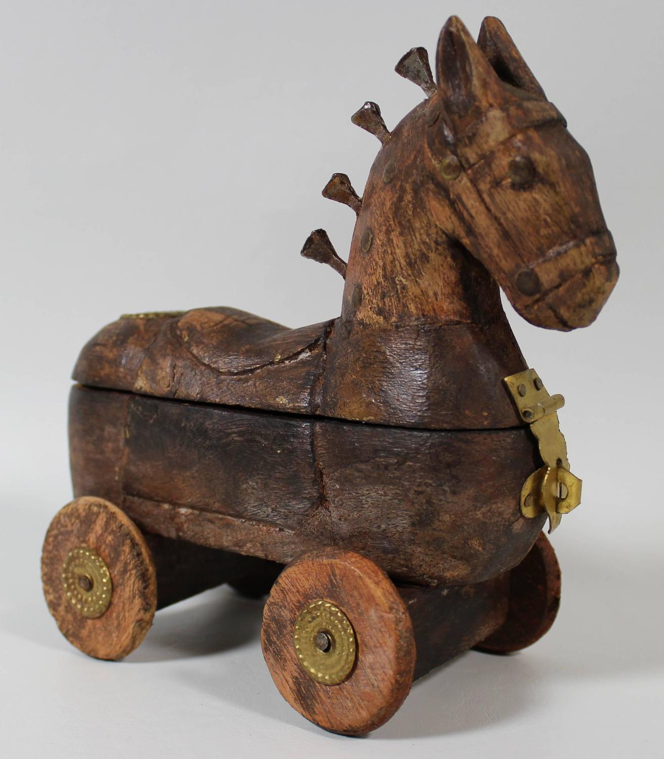 Folk Art Carved Wooden Horse on Wheels with Locking Storage Compartment