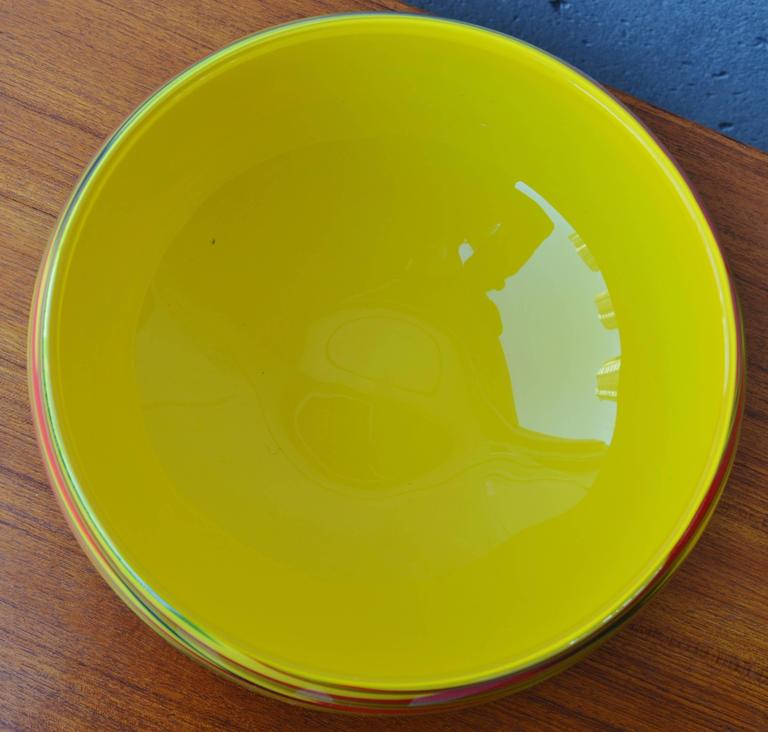Large Dramatic Murano Cased Glass Swirl Bowl in Yellow, Red and Green