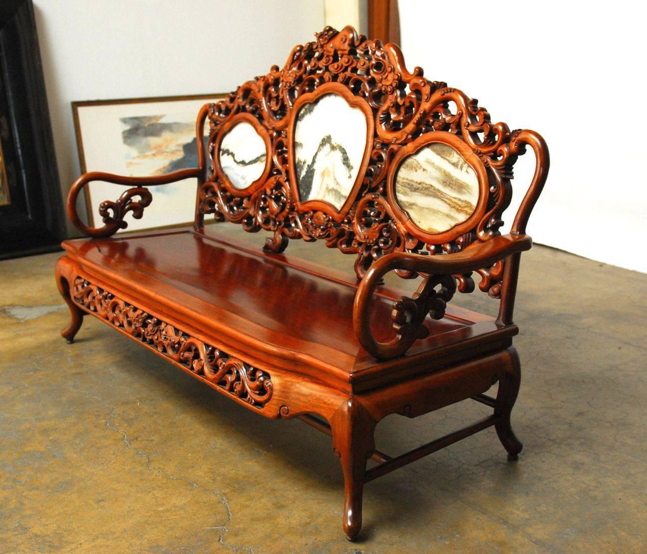 Chinese Rosewood and Marble Dali Carved Sofa Bench For Sale at 1stdibs