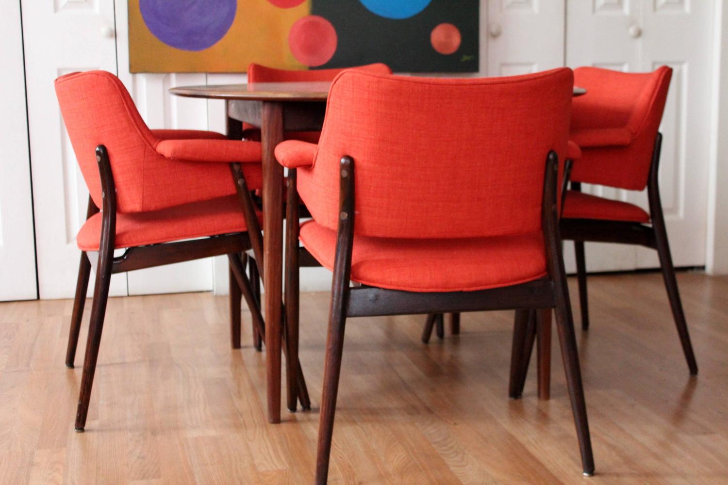 Orange Reupholstered MidCentury Modern Walnut Dining Chairs For Sale