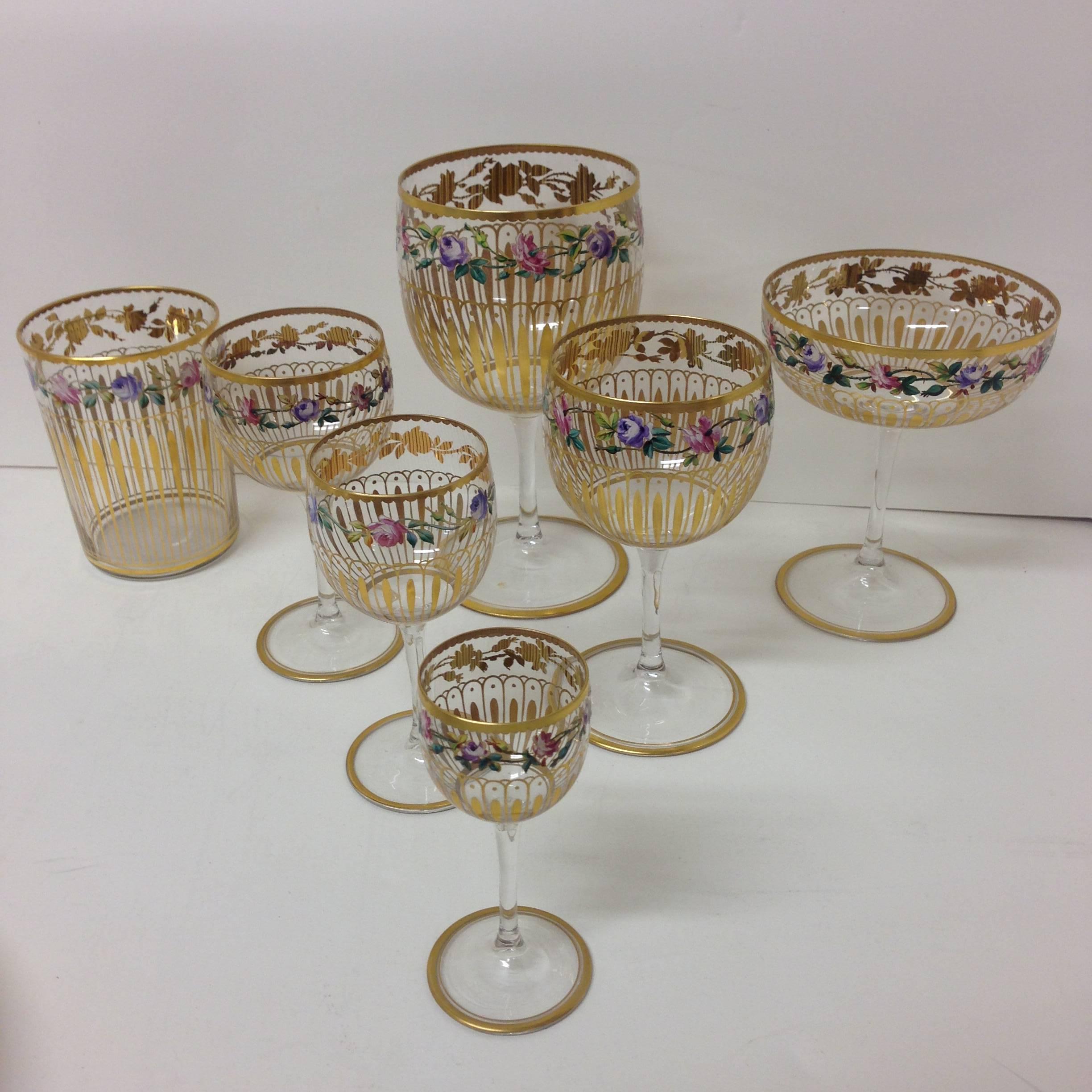 Extensive Elaborate Limoges Porcelain Baccarat Attr. Stemware Service