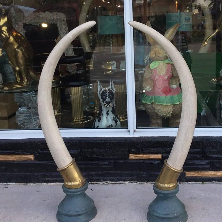 Pair Faux Elephant Tusks Brass Monumental Hollywood Regency For Sale at